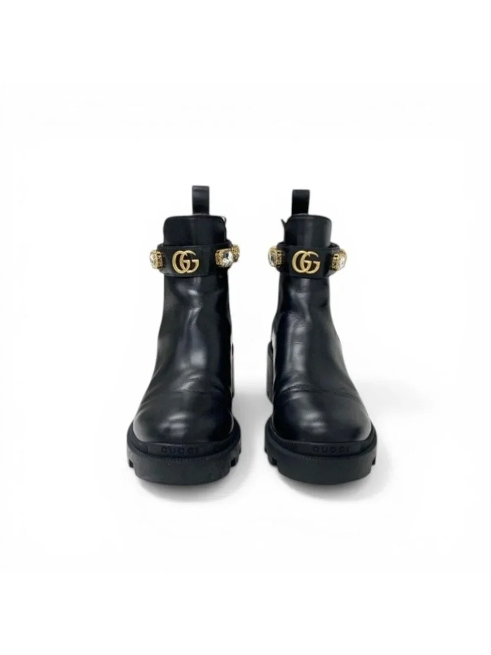 Gucci Short Boots Shoes Leather Black Bijoux GG Marmont Belt Side Gore - Picture 2 of 10